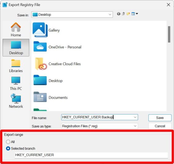 Export Registry File window with Selected Branch and Saving options