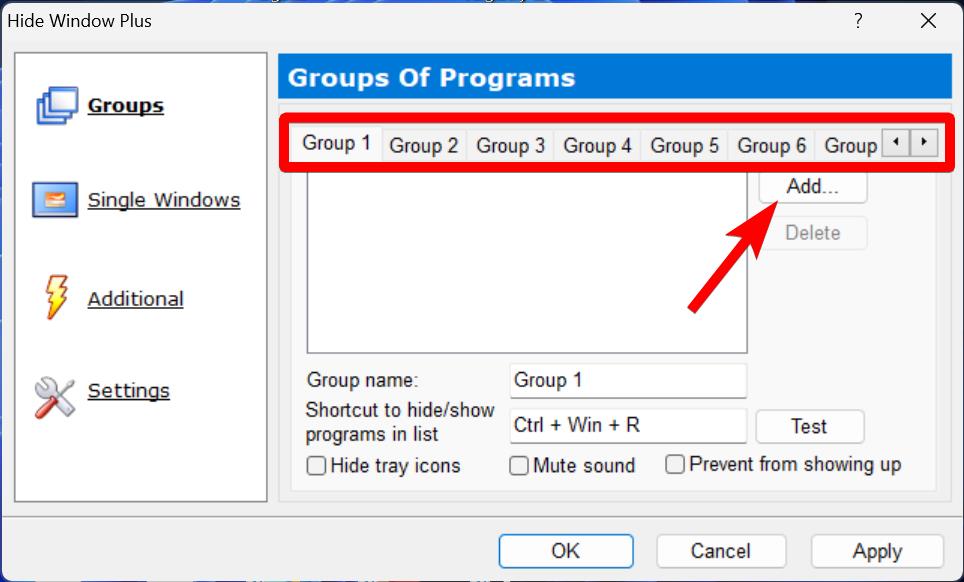 Hide Window Plus tool with Group and Add option