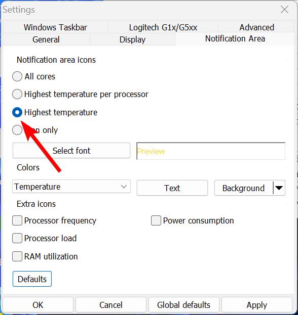 Highest Temperature is selected in Core Temp Notification Area settings