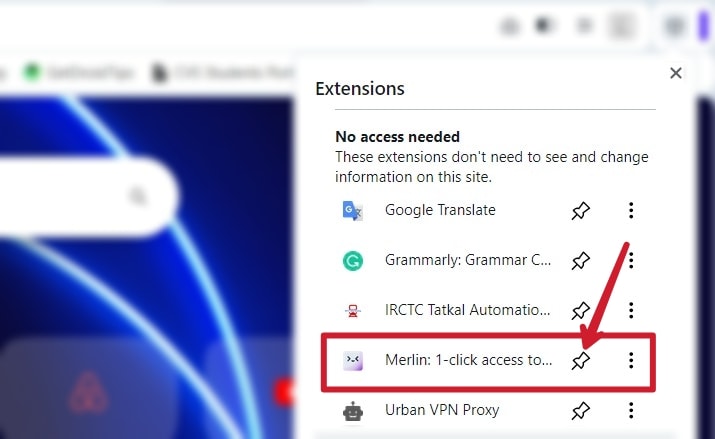 Pin Merlin Extension in browser