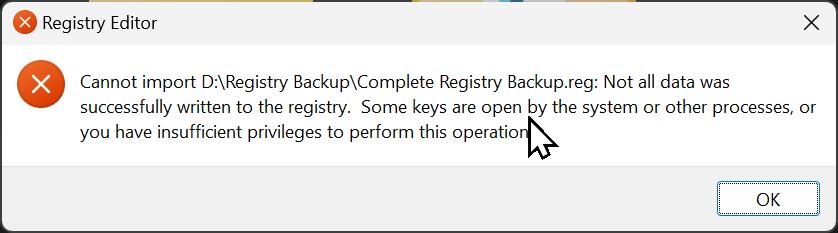 Registry Editor error messaging saying "Not all data was successfully written to the registry"