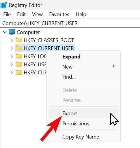 Right-click context menu of HKEY_CURRENT_USER branch in Registry Editor with Export option