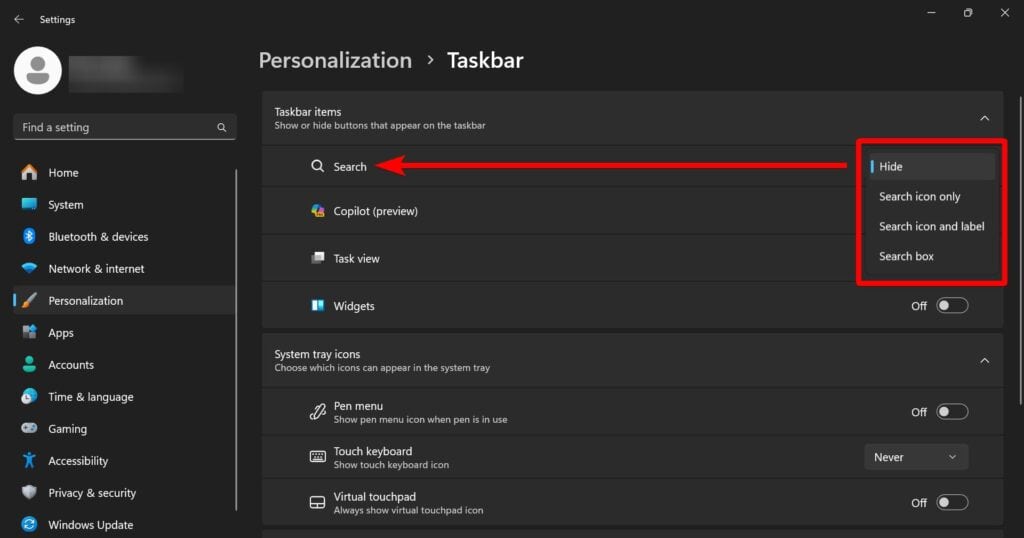 Search in Taskbar settings, showing 4 options to choose, i.e, Hide, Search icon only, Search icon and label, and Search box