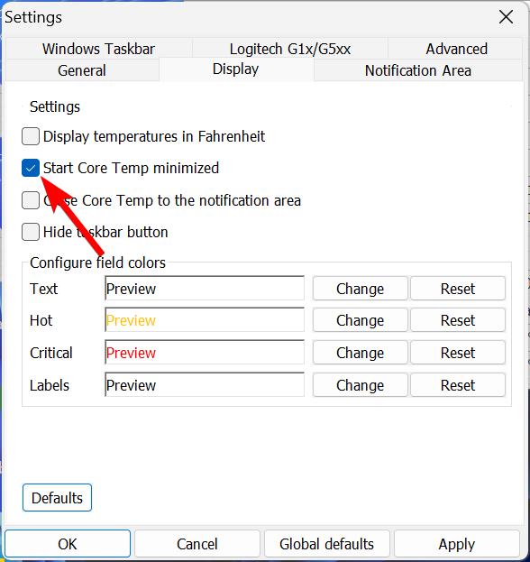 Start Core Temp minimized option is Tick Mark in Core Temp settings