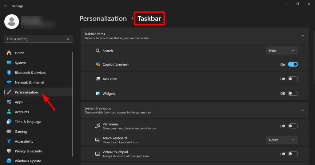 Taskbar settings in Windows 11