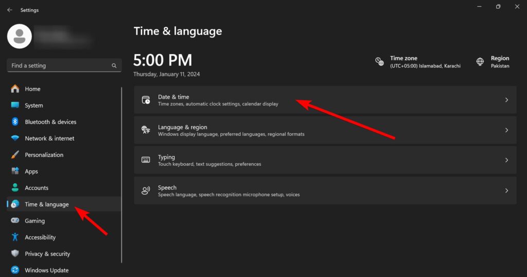 Time & Language option in Windows 11 Settings