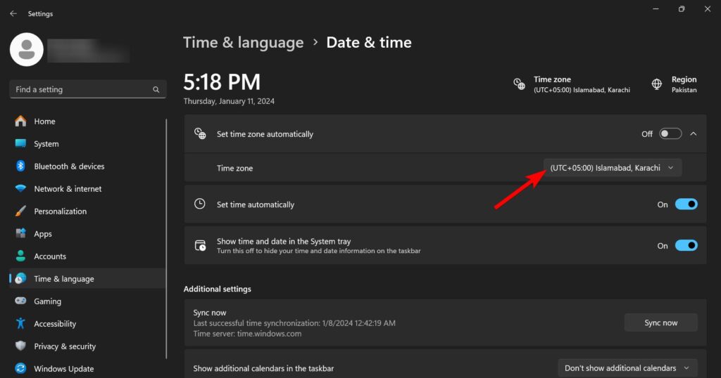 Time Zone in Date & Time settings Windows 11