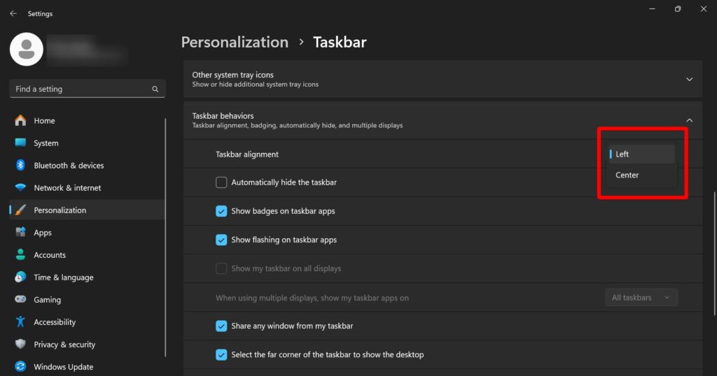 Windows 11 Taskbar Alignment Options, i.e. Left or Center