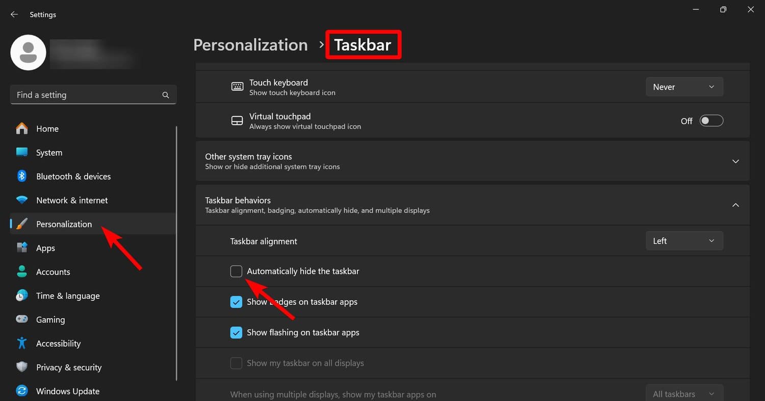 process of enabling automatically hide the taskbar in Windows 11