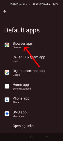 Browser app is showing current browser under the Default apps