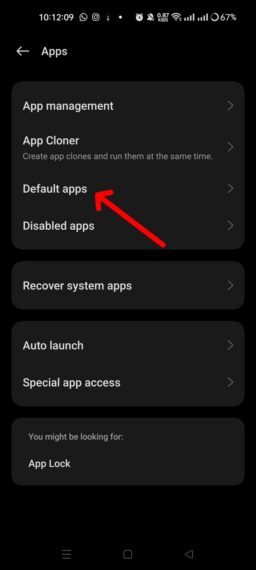 Default apps option inside Apps in Settings