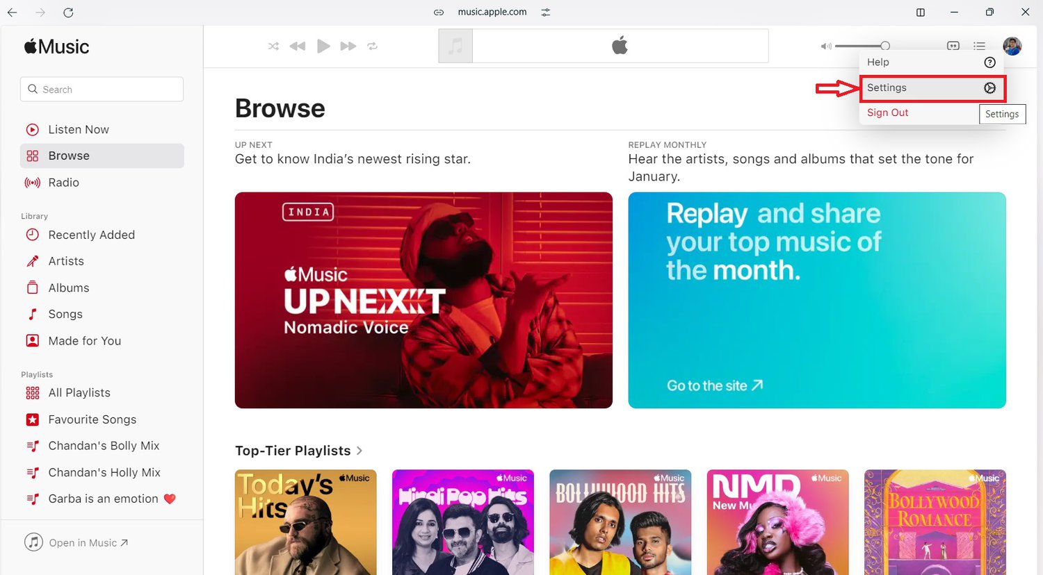 Steps to open settings in Apple Music