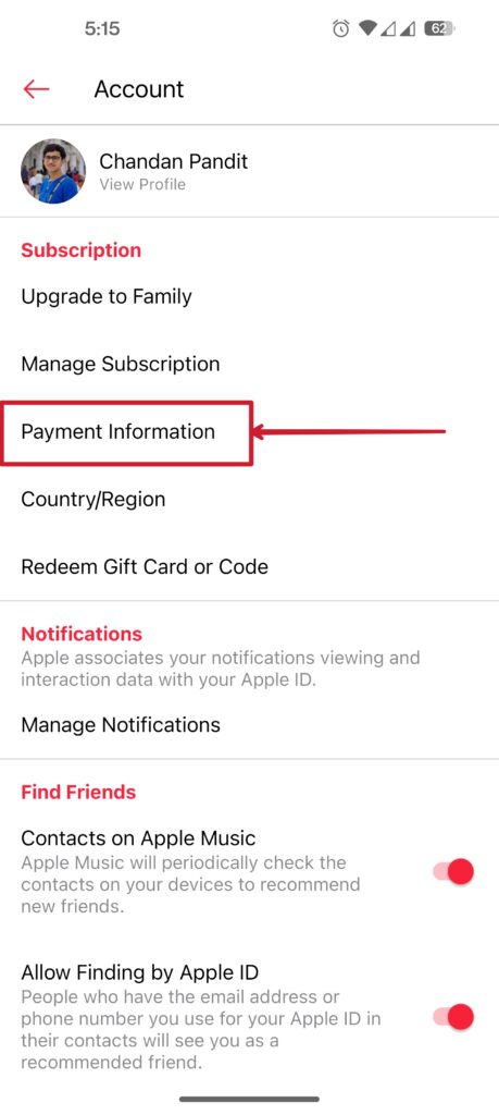 Go to Payment Information under Profile