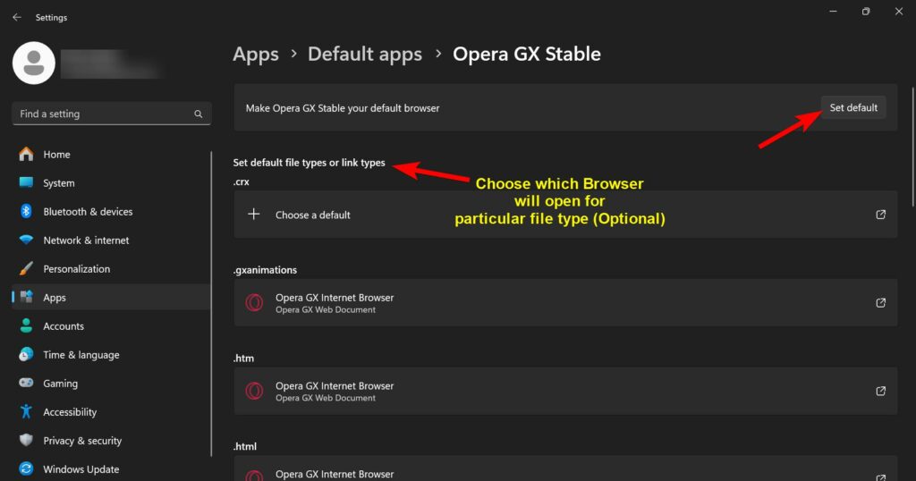 Set default option of Opera GX inside Windows 11 Settings, with multiple extensions to choose which browser will open for particular file type
