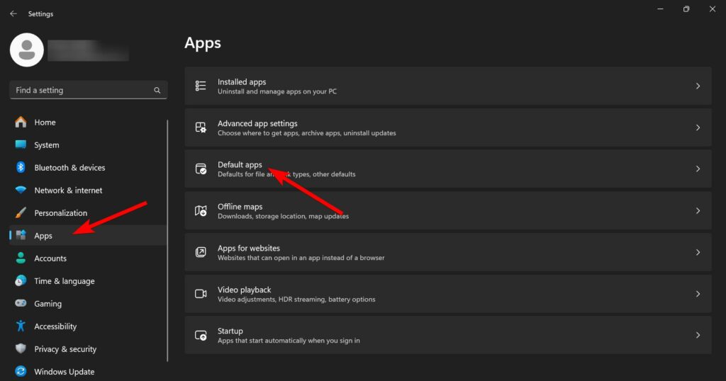 Windows 11 Settings with Apps tab opened that shows Default apps option