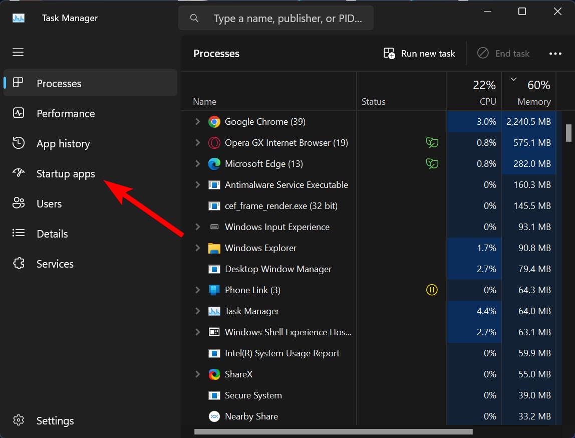 Windows Task Manager with Startup apps option in Windows 11