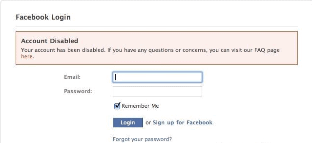 Facebook account that was temporarily disabled