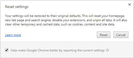 confirm action to reset settings in chrome