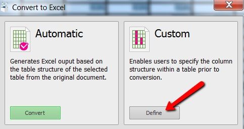 automatic or custom option while converting pdf to excel