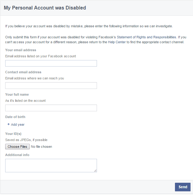 Facebook Reactivation Appeal Form