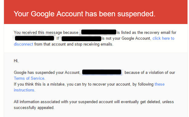 Google account deleted due to tos violations