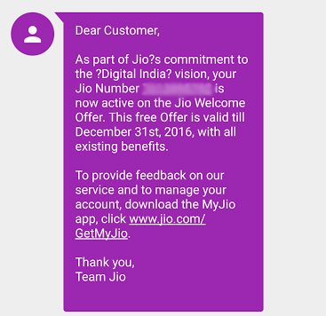 Jio activation welcome message