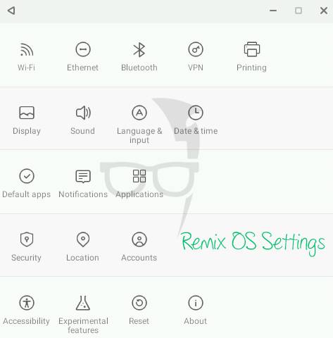 Settings page of Remix OS
